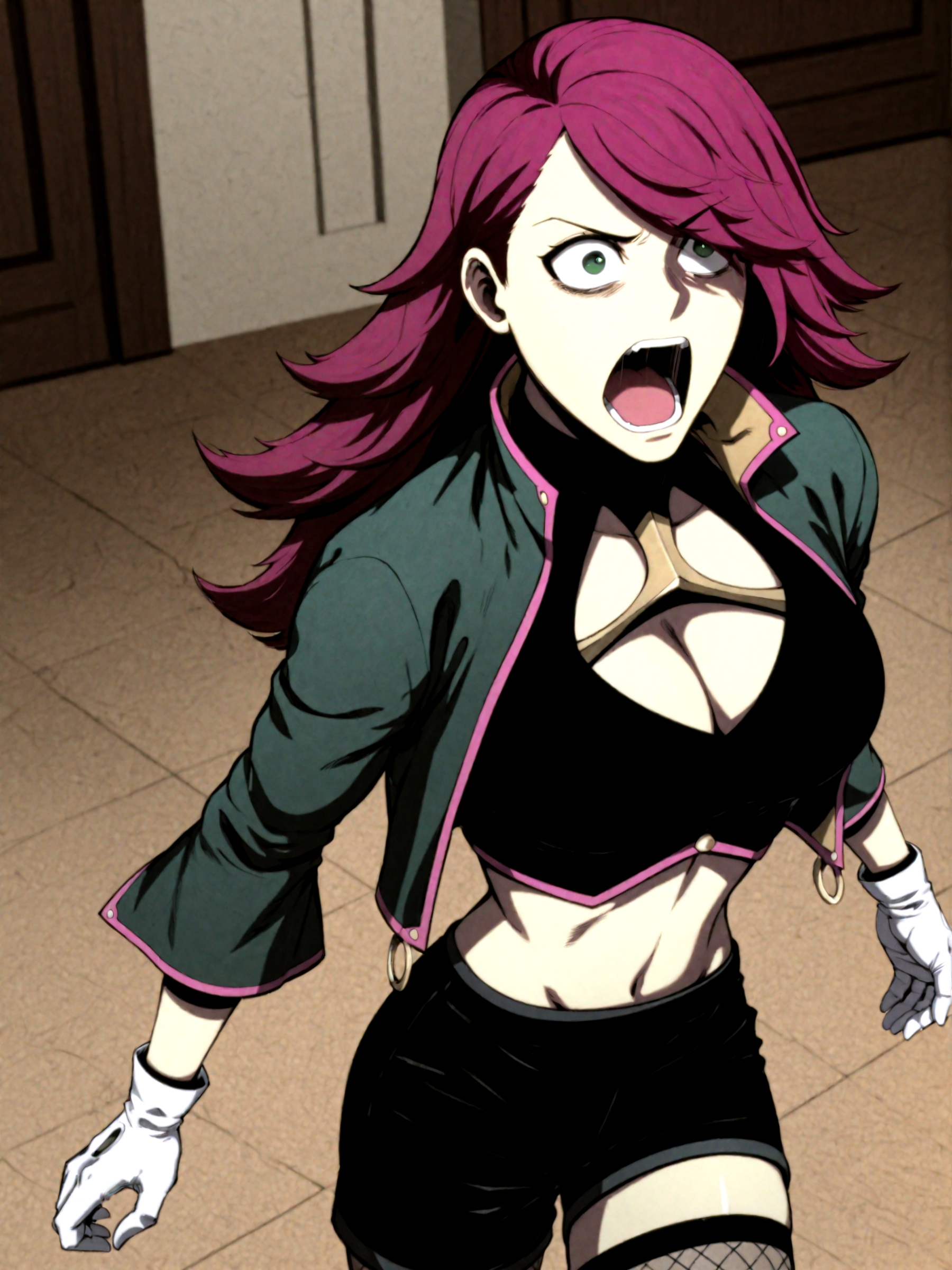 ILXLpos,Beris, 1 girl, solo, green eyes, magenta hair, long hair, voluminous hair, asymmetrical bangs, side swept bangs, hair over one eye,Beris_outfit1, black crop top, cleavage cutout, deep v-neck, open cropped jacket, green jacket, pink trim, exposed midriff, black shorts, fishnet stockings, upper body, white gloves, circular decoration on gloves,from above,screaming,<lora:Beris:0.8>