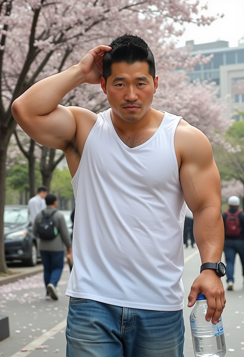 The picture is photorealistic. The man's face is htkang face. The man's body is muscular, bara shaped. The man is naturally holding water transparent bottle. The man is walking on the city street in Korea. The cherryblossom petals are falling on the street. The picture describes portrait closely. The man is very masculine. The man is wearing loose white tanktop. The man has puffy nipples and hairy armpits. The man's one hand is scratching his head. The picture is focusing on man's upper body.