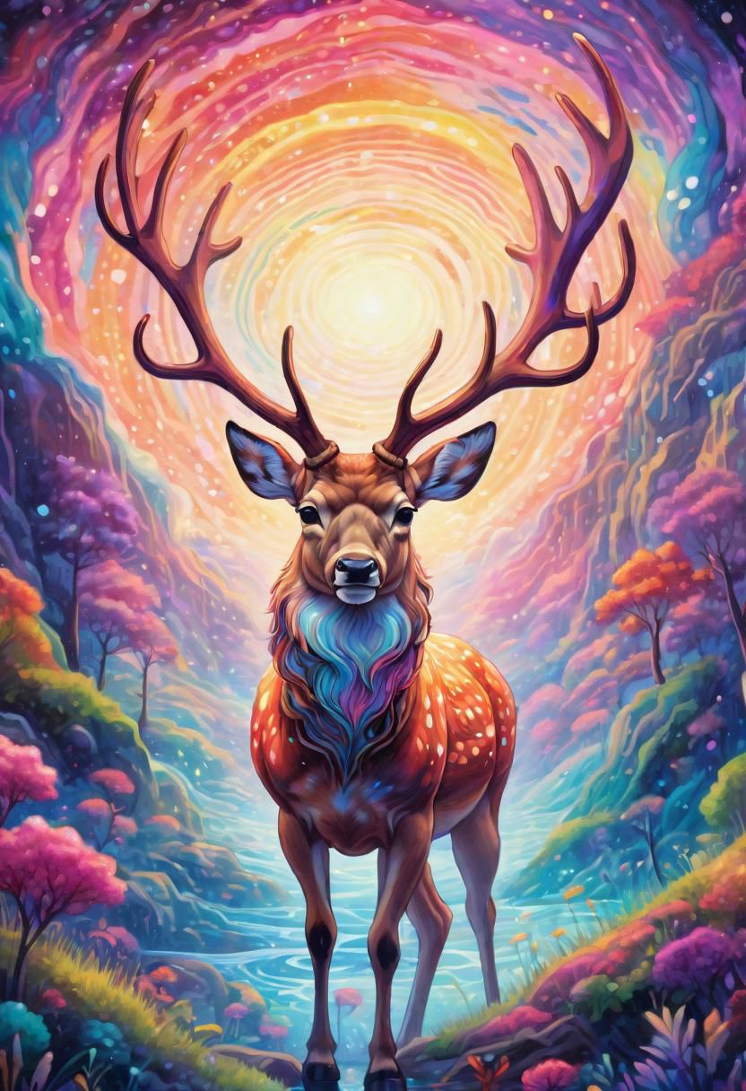 Cosmic stag encounter, in a dreamlike Alex Hirsch style, a radiant deer with oversized antlers explores a fantastical world of pulsating colors and cosmic waves, its presence casting ethereal light and shadow across the psychedelic artscape.