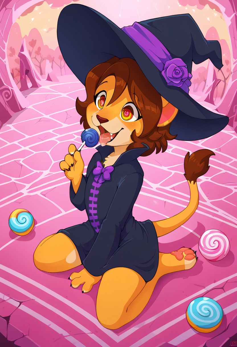 score_9, score_8_up, score_7_up, score_6_up, best quality, masterpiece, good_hands, BREAK,
Detailed background, dynamic angle, solo, BREAK,
(Keiko, brown hair, furry, tail, body fur, short hair, bangs) spiral pupils, hypnotized, black dress, witch hat, sitting on ground, (piles of candy), surrounded by candy, holding lollipop, open mouth, tongue, drool,