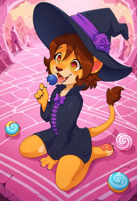 score_9, score_8_up, score_7_up, score_6_up, best quality, masterpiece, good_hands, BREAK,
Detailed background, dynamic angle, solo, BREAK,
(Keiko, brown hair, furry, tail, body fur, short hair, bangs) spiral pupils, hypnotized, black dress, witch hat, sitting on ground, (piles of candy), surrounded by candy, holding lollipop, open mouth, tongue, drool,