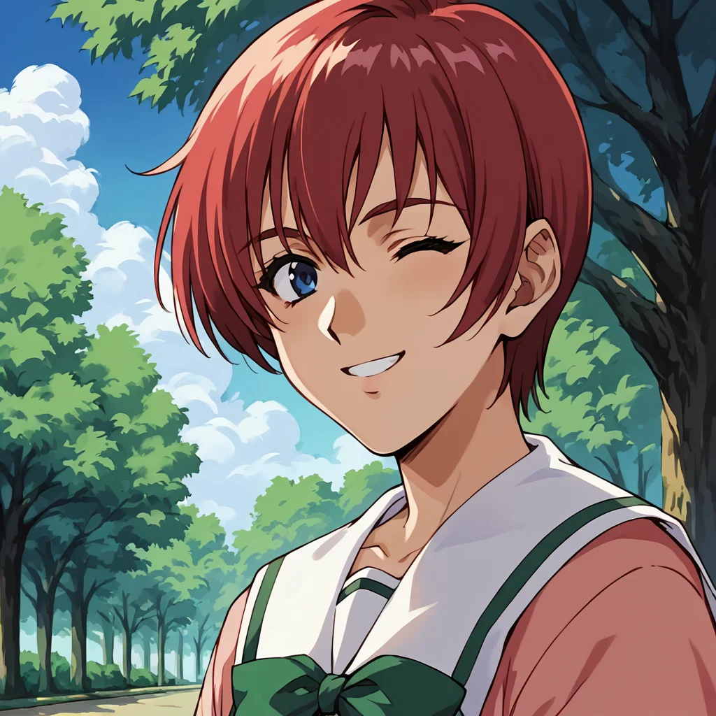 score_9,score_8_up,score_7_up, masterpiece, 8k, highres, wallpaper, source_anime, park, blue sky, medium shot, <lora:Asami_Kurihara_Pony:1>, 1girl, solo, medium shot, portrait, red hair, short hair, blue eyes, school uniform, smiling, wink,