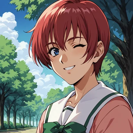 score_9,score_8_up,score_7_up, masterpiece, 8k, highres, wallpaper, source_anime,  park, blue sky, medium shot, <lora:Asami_Kurihara_Pony:1>, 1girl, solo, medium shot, portrait, red hair, short hair, blue eyes, school uniform, smiling, wink,