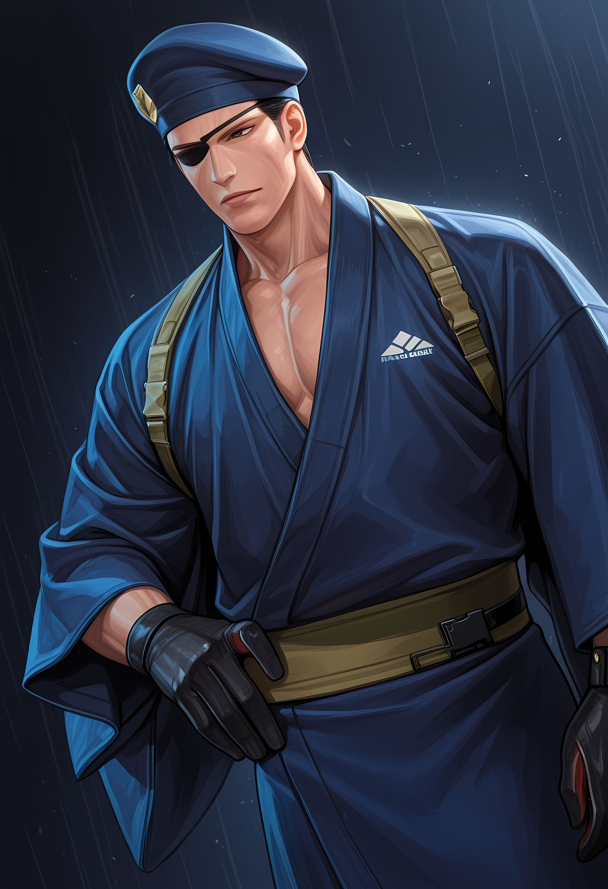 masterpiece, best quality, amazing quality, dutch angle, abstract background, BREAK
1boy, solo, male focus, kof_heidern, beret, right eyepatch, black hair, yukata, japanese clothing, BREAK
<lora:cfg_scale_boost:.6>  <lora:Heidern_-_King_of_Fighters_-_ILXL:1>