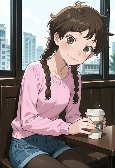 best quality, amazing quality, perfect quality, high quality, masterpiece, absolutely eye-catching BREAK
<lora:Ookiku_Furikabutte_-_Ruri_Mihashi:1> OofuriRuri, brown eyes, brown hair, long hair, twin braids, wispy bangs, skinny, small breasts BREAK
pink sweater, denim shorts, pantyhose BREAK
1girl, solo, indoors, cafe, window, light particles, disposable coffee cup, holding, chair, sitting, light smile, head tilt, looking at viewer, cowboy shot, dutch angle