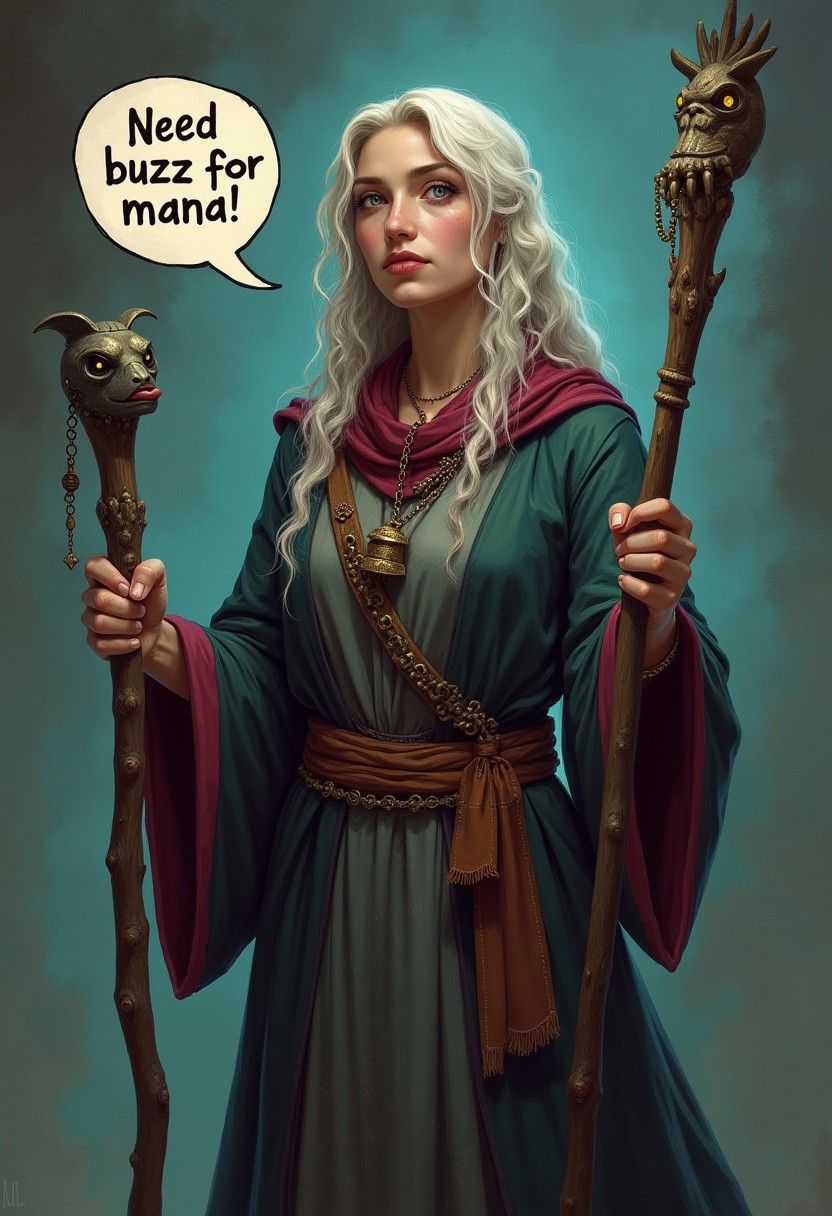 120 years old female sorcerer hold staff, speech bubble says "need buzz for mana",