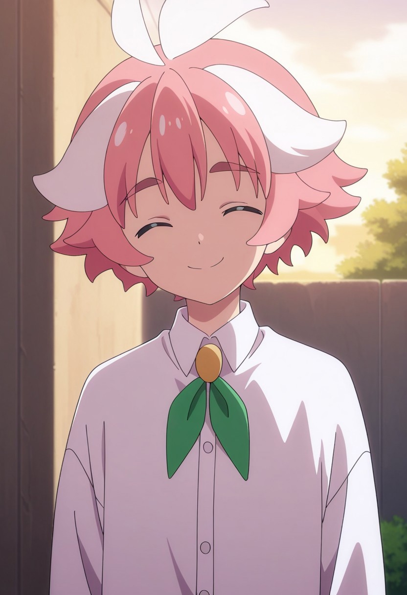masterpiece,best quality,amazing quality, source_anime,
ItsukiMitsutagawa, 1boy, male focus, solo, closed eyes, multicolored hair, pink hair, white hair, shirt, white shirt, collared shirt, ribbon, neck ribbon, green ribbon, smile, outdoor, looking at viewer,