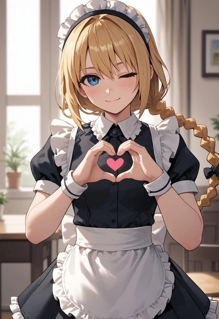 score_4,score_5,score_6,score_7_up,score_8_up,score_9 ((masterpiece,best quality,ultra detailed,highres,HD,4k:1.2)), 
1girl, solo,solo focus,girl focus,face focus,
blonde hair,long hair,braided ponytail,spiked hair,single braids,blue eyes,
((Maid outfit,Sleeveless, maid headband, frilly apron,Short sleeves, short skirt, thighs:1.1)),
inside the cafe, ((Make a heart symbol with both hands, heart with both hands,heart hands,heart symbol,heart,heart effect,)), 
blush,shy,smile,,((wink,closed one eye)),