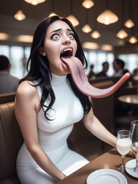 score_9, score_8_up, score_7_up, score_6_up, score_5_up, score_4_up,
black hair,
<lora:longtongue-ponyxl-v1:1>, long tongue,
a beautiful woman in a restaurant, sitting at a table, white dress, looking down, scared, screaming, sweating, touching tongue, ultra realistic, (high quality, detailed, beautiful), detailed beautiful eyes, realistic, outstanding,
<lora:add-detail-xl:0.7> <lora:xl_more_art-full_v1:0.1>