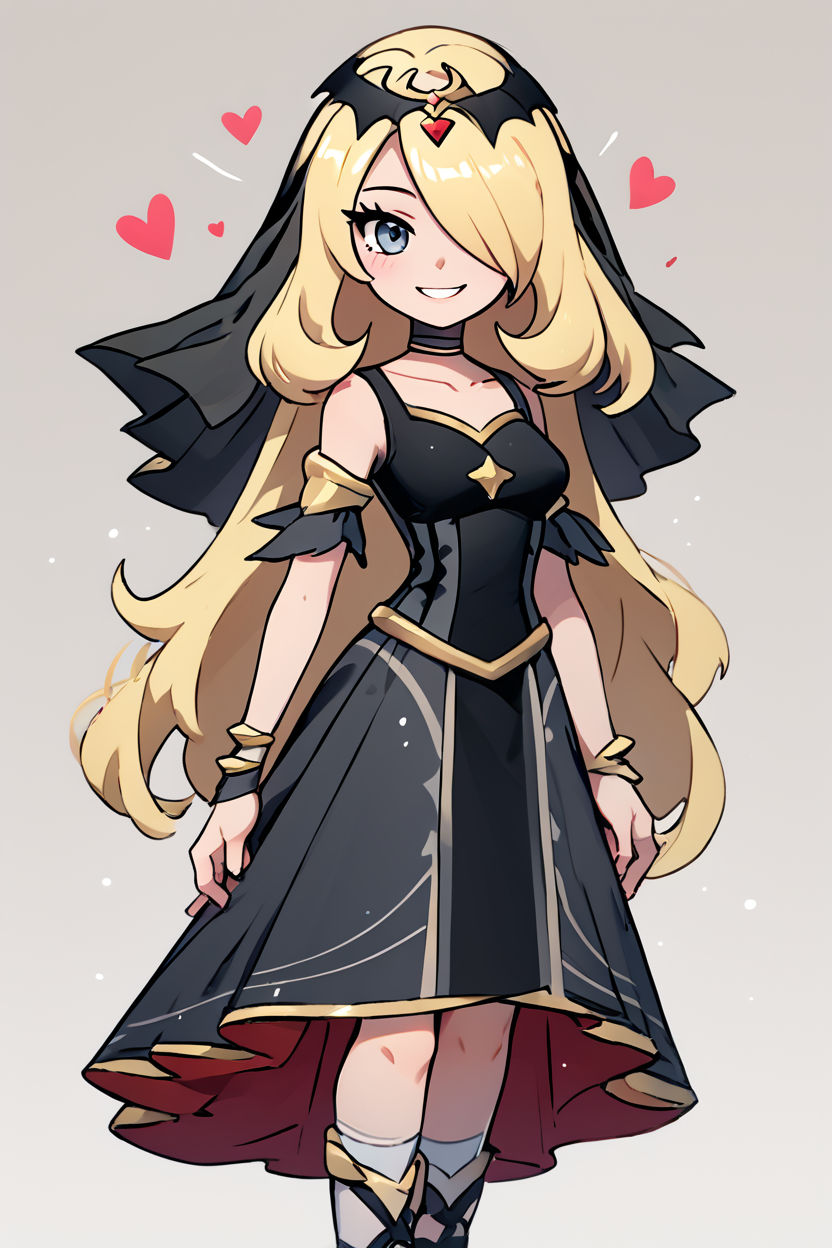 score_9, score_8_up, score_8, medium breasts, (curvy), cute, eyelashes,       BREAK, , ,,,  zzCynthiaRenegade, grey eyes, long hair, blonde hair, hair over one eye, hair ornament, official alternate costume,  black dress, black choker, veil, tiara, collarbone,  <lora:CynthiaRenegade_Pokemon_PDXL:1.0>,   ,,, , BREAK, socks, big shoes, ,,, smile, looking at viewer, cowboy shot, ,,, embedding:zPDXL, Expressiveh, ,,, <lora:CuteToonPDXL:0.8>, <lora:SDXLFaeTastic2400:0.5>, <lora:Expressive_H-000001:0.4>,