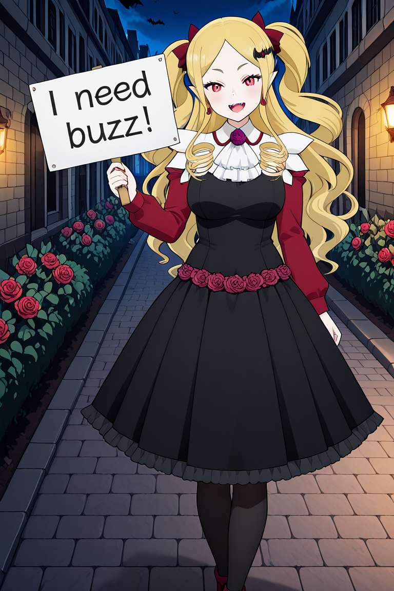 high resolution, gorgeous, absurdres, best quality, anime screencap, source_anime, official art, 1girl
BREAK
White background, smile, outdoors, night, bats, need_buzz, holding sign
BREAK
,rosalie de thours, blonde hair,long hair, ringlets,hair ornament, red eyes,large breasts, pointy ears,earrings, vampire, pale skin,dress, black dress, red sleeves, ascot,roses, white collar, frills, pantyhose,Red shoes,Fangs