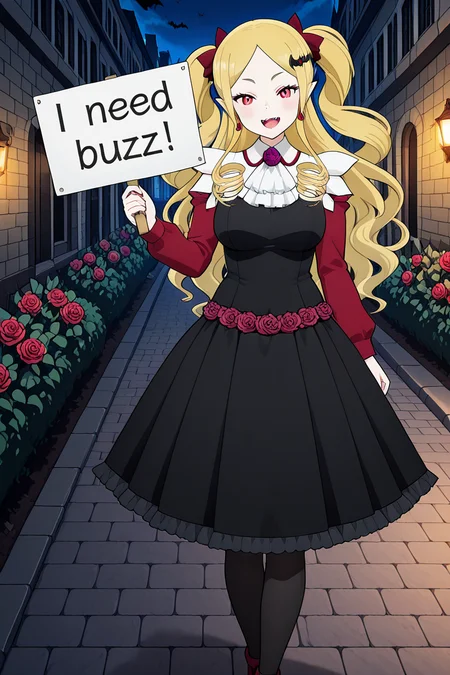 high resolution, gorgeous, absurdres, best quality, anime screencap, source_anime, official art, 1girl
BREAK
White background, smile, outdoors, night, bats, need_buzz, holding sign
BREAK
,rosalie de thours, blonde hair,long hair, ringlets,hair ornament, red eyes,large breasts, pointy ears,earrings, vampire, pale skin,dress, black dress, red sleeves, ascot,roses, white collar, frills, pantyhose,Red shoes,Fangs