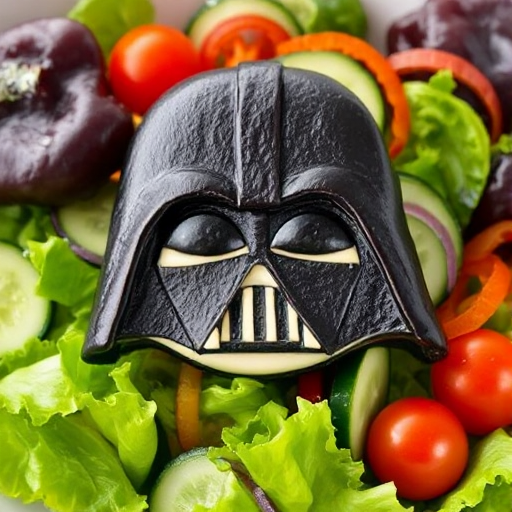 A simple, flat eggplant slice that vaguely resembles Darth Vader, placed in a fresh salad. The eggplant is sliced thinly, with uneven, rough edges, creating a minimalistic, abstract version of Darth Vader’s face. The features are subtly suggested—two small pieces of nori for eyes and a faint line of eggplant for his iconic helmet shape. The eggplant is laid across a bed of crisp lettuce, cucumber slices, cherry tomatoes, and a few colorful bell pepper strips, creating a vibrant, fresh salad. The design of Darth Vader is kept intentionally simple and abstract, with no detailed 3D structure, just a subtle hint of the character among the bright and fresh vegetables.
Ensure the depiction is natural and pays close attention to accurate textures and lighting throughout the scene), intricate hand-painted details, ultra-realistic textures, award-winning craftsmanship || studio rim lighting, vivid yet tense colors, UHD resolution, rich details, award winning, impactant image, dramatic pose