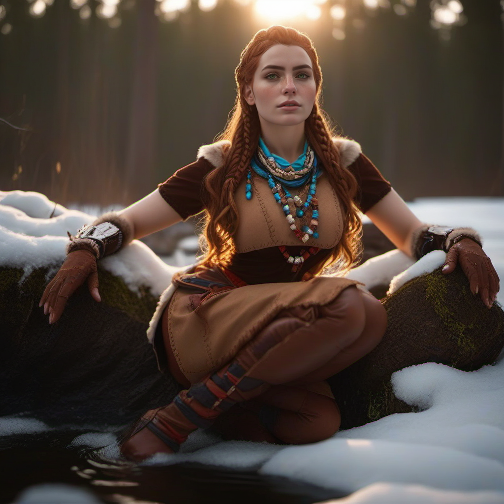 cinematic photo full body portrait 1girl, long hair, braid, jewelry, green eyes, freckles, gloves, breasts, detailed skin, detailed eyes, sits in water, forest, snow  <lora:Aloy1024:0.8> . 35mm photograph, film, bokeh, professional, 4k, highly detailed