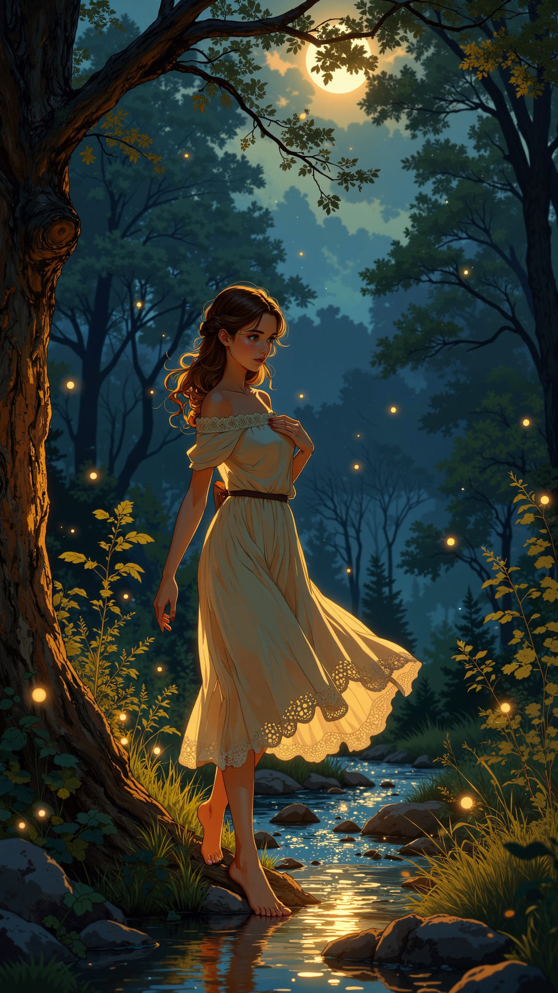 High-resolution anime-style illustration with soft painterly textures, warm ambient lighting. A young woman strolls barefoot through a quiet forest clearing at dusk, the golden light of fireflies flickering around her as the cool evening air gently lifts the hem of her flowing, off-the-shoulder ivory dress. Her long, wavy chestnut-brown hair is loosely braided, a few strands escaping to frame her delicate features, her deep, wistful eyes reflecting the last hues of the setting sun. One hand rests lightly against the bark of an ancient tree, her fingers tracing its rough texture, while the other brushes the lace trim of her dress near her collarbone. A nearby stream glows softly under the moonlight, its shimmering surface mirroring the deep blues and purples of the encroaching night. The warm flicker of fireflies blends with the cool shadows of the trees, creating an atmosphere of quiet magic and nostalgic serenity. <lora:Anime_Art_V3:0.8> <lora:Vibrant_watercolor_v.21:0.3>