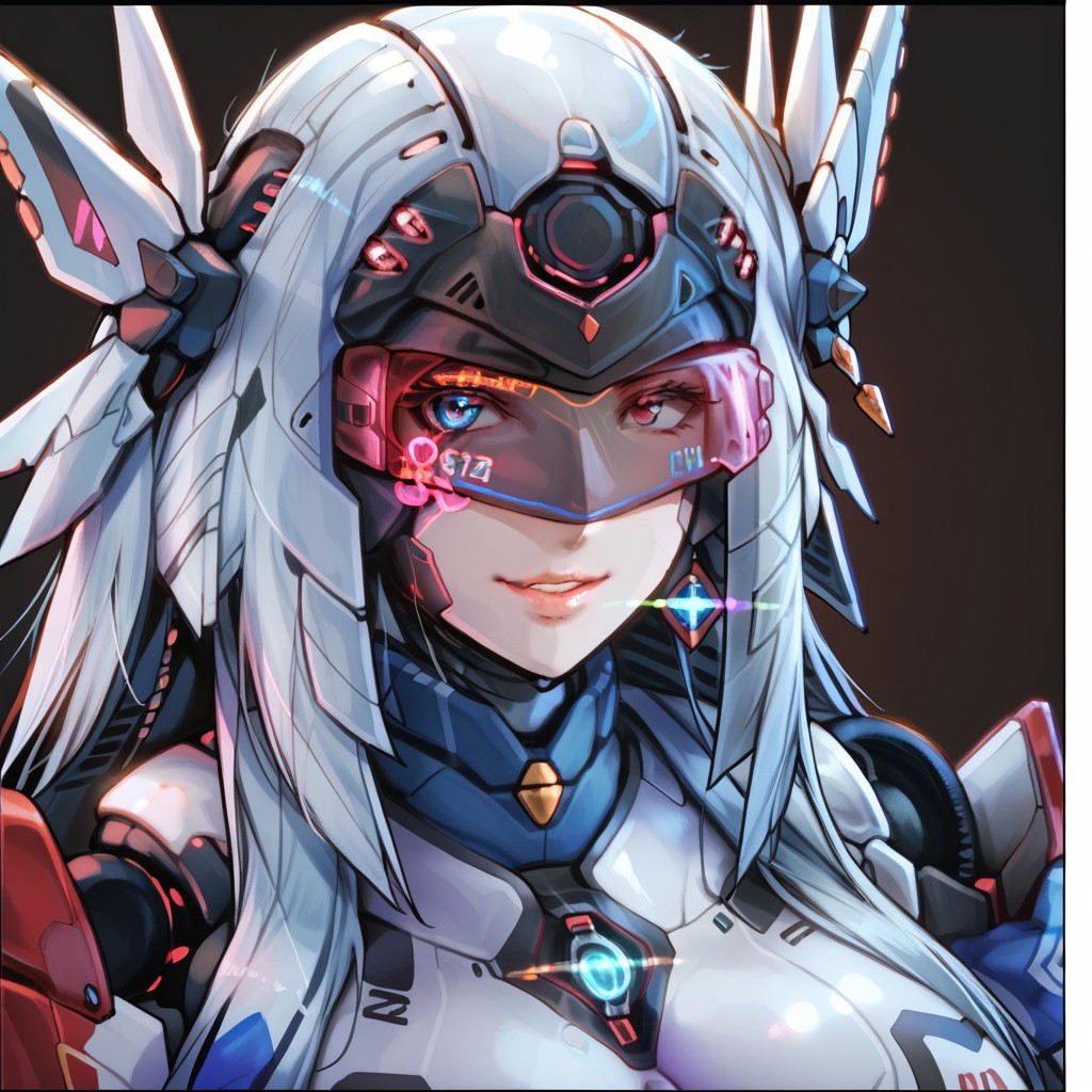 uaf-character, |||, breasts, humanoid robot, mecha musume, medium breasts, silver hair ornament, uaf_neuko, upper body, glowing, android, visor, smile, black border, uaf-portrait, robot girl, robot, uaf_redblue_backlight, parted lips, solo, uaf_red_blue_ilumination, helmet, simple background, 1girl, 80swa, Expressiveh, score_9,score_8_up,score_7_up, 20 years old, 8k, hd, beautiful korean girl, , ultra realistic, hyper realistic, detailed face, natural huge breasts, beautiful woman's face, <LoRA: uafPortraits-000110>, <LoRA: uaf Wt: 1>, pureerosface_v1, (PureErosFace_V1:0.8)