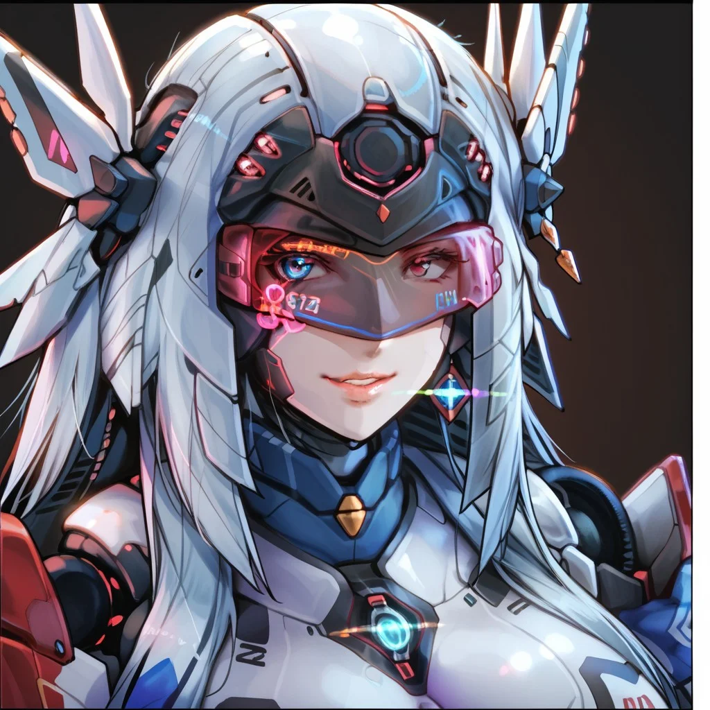uaf-character, |||, breasts, humanoid robot, mecha musume, medium breasts, silver hair ornament, uaf_neuko, upper body, glowing, android, visor, smile, black border, uaf-portrait, robot girl, robot, uaf_redblue_backlight, parted lips, solo, uaf_red_blue_ilumination, helmet, simple background, 1girl, 80swa, Expressiveh, score_9,score_8_up,score_7_up, 20 years old, 8k, hd, beautiful korean girl, , ultra realistic, hyper realistic, detailed face, natural huge breasts, beautiful woman's face, <LoRA: uafPortraits-000110>, <LoRA: uaf Wt: 1>, pureerosface_v1, (PureErosFace_V1:0.8)