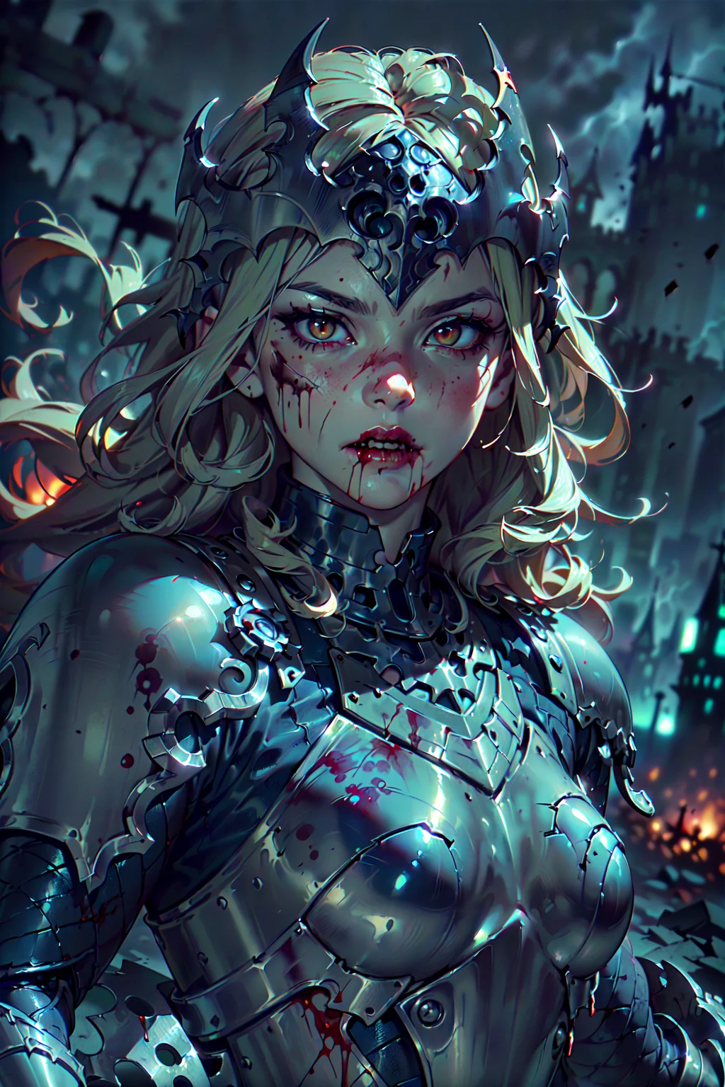 (extremely detailed:1.3), (masterpiece:1.3), sfw, (fantasy of terror art:1.3), a (dutch angle:1.4) illustration of a
(woman (vampire:1.1) with an athletic body:1.3), (detailed pale white skin, detailed hands, detailed fingers, detailed face with blood splatters, detailed lips with blood smears:1.3), (detailed long curly blonde hair:1.3), (defined detailed brown eyes), (small breasts:1.3), (fatally lusty:1.3), (in a seductive pose:1.4), (wearing intricately detailed broken chrome and midnight blue (full plate armor:1.1) made of bronze and metal with detailed etchings, thick heavy armor plating, heavy plate armor dress, intricate delicate helmet:1.3), (apocalyptic storm:1.3), (detailed broken vampire castle in the background:1.5), (nighttime, night, dim lighting, dark atmosphere:1.4), (sharp focus, (strong depth of field:1.5)), ultra quality <lora:add_detail:.2> <lora:JW:.2>