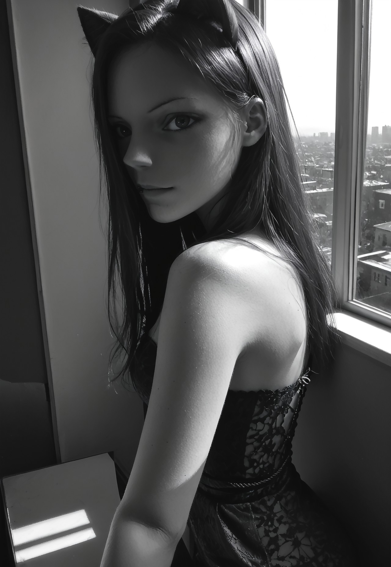 score_9, score_8_up, score_7_up, source_photo, Ultra detailed, dark theme, dim lighting, black theme, dark room, monochrome,
dark lit bedroom, window, low lighting, shadows, black hair, long hair, lilycat, cat ears, dark lace strapless pencil dress, from side, from above, close up