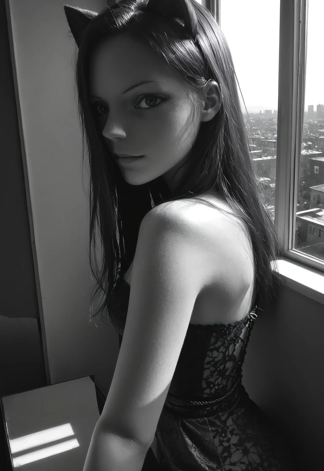 score_9, score_8_up, score_7_up, source_photo, Ultra detailed, dark theme, dim lighting, black theme, dark room, monochrome,
dark lit bedroom, window, low lighting, shadows, black hair, long hair, lilycat, cat ears, dark lace strapless pencil dress, from side, from above, close up