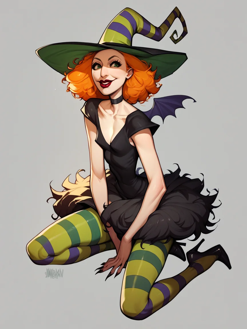 score_9, score_8_up, score_7_up, score_6_up, score_5_up, <lora:scarygodmotherXLP:0.8> scary godmother, 1girl, witch hat, solo, orange hair, striped pantyhose, lipstick, witch, dress, high heels, green eyes,