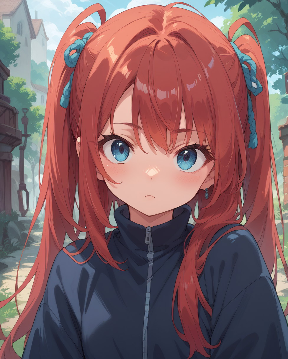score_9, score_8_up, score_7_up, source_anime,  score_9, score_8_up, score_7_up, source anime,  score_9, score_8_up, score_7_up, source anime,
(shiny skin),
1girl, solo,
outdoors, upper body, looking at viewer, very long hair, red hair, blue eyes, face shot,