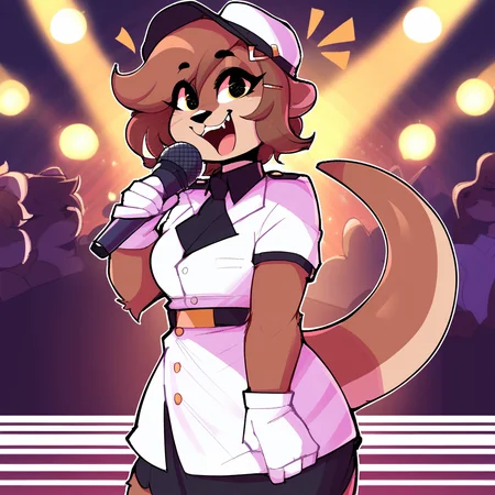 score_9_up, score_8_up, score_7_up, score_6_up, furry female, by remanedur, pearl aurora, female, furry, otter, yellow eyes, tail, dark brown hair, white gloves, ((headgear)), headwear, gesture, winking at viewer, happy, short hair, brown fur, hairclip, white high heeled boots, ((white uniform)), (solo), three-quarter view, head tilt, microphone, holding microphone, singing, stage, on stage, lights, screaming, <lora:Leah_Pines(AIM)_XL_v1:1>, <lora:PDXL_artist_tags_v2_big:0.8> <lora:The-Minuscule-Task_PDXL_v1.0:0.8> <lora:Pearl Aurora:0.15>