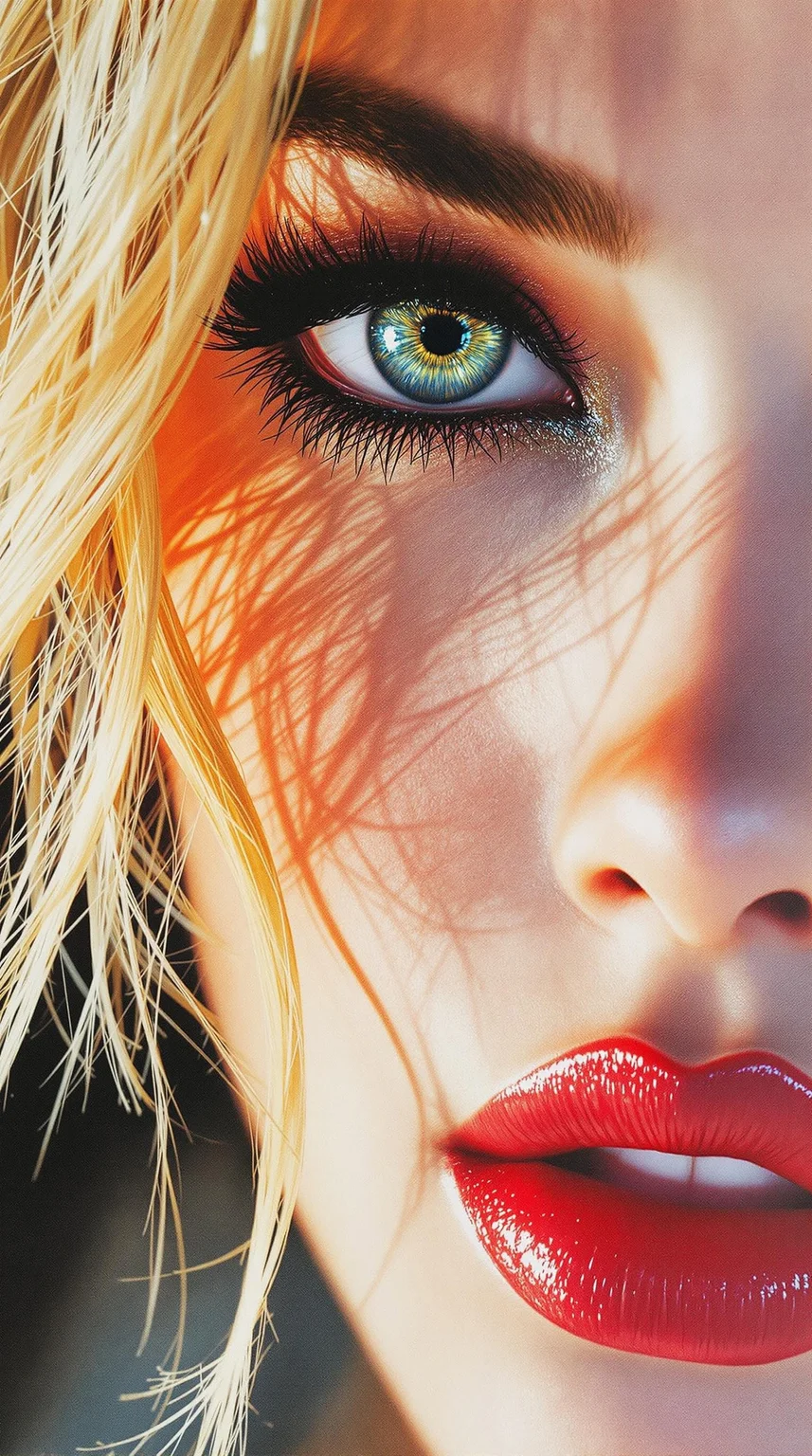 magnificent, photorealistic watercolour image in the style of a movie poster, crisp lines, an extreme closeup image of the eyes of a stunning oriental young woman, blonde loose hair, red lips, dark eyeshadow