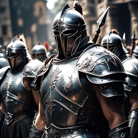 core_9, score_8_up, score_7_up, score_6_up,<lora:Year_3000_Movie_StillsPony:1> ArsMovieStill, A movie still from the year 3000s, The image shows a group of medieval knights in full armor standing in a line and facing towards the right side of the frame. The knight in the foreground is wearing a full suit of armor with a helmet and a spear on his head. The helmet is black and has a pointed tip and the spear is long and pointed. The armor is made of metal and appears to be shiny and shiny. The background is blurred but it seems to be a city street with buildings and trees. The knights are standing close together and their faces are not visible in the image. The overall mood of the image is intense and dramatic., armor, helmet, full armor, blurry background, blurry, knight, ambiguous gender, weapon, plume, shoulder armor