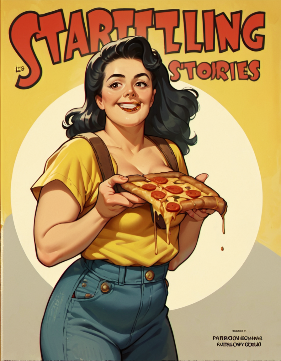 score_9, score_8_up, score_7_up, score_6_up, hud_plp_mag, 1girl, long black hair, plump, smile, holding pizza smashed between breasts,  retro artstyle, parody, <lora:pulpmagcover-000008:1>,