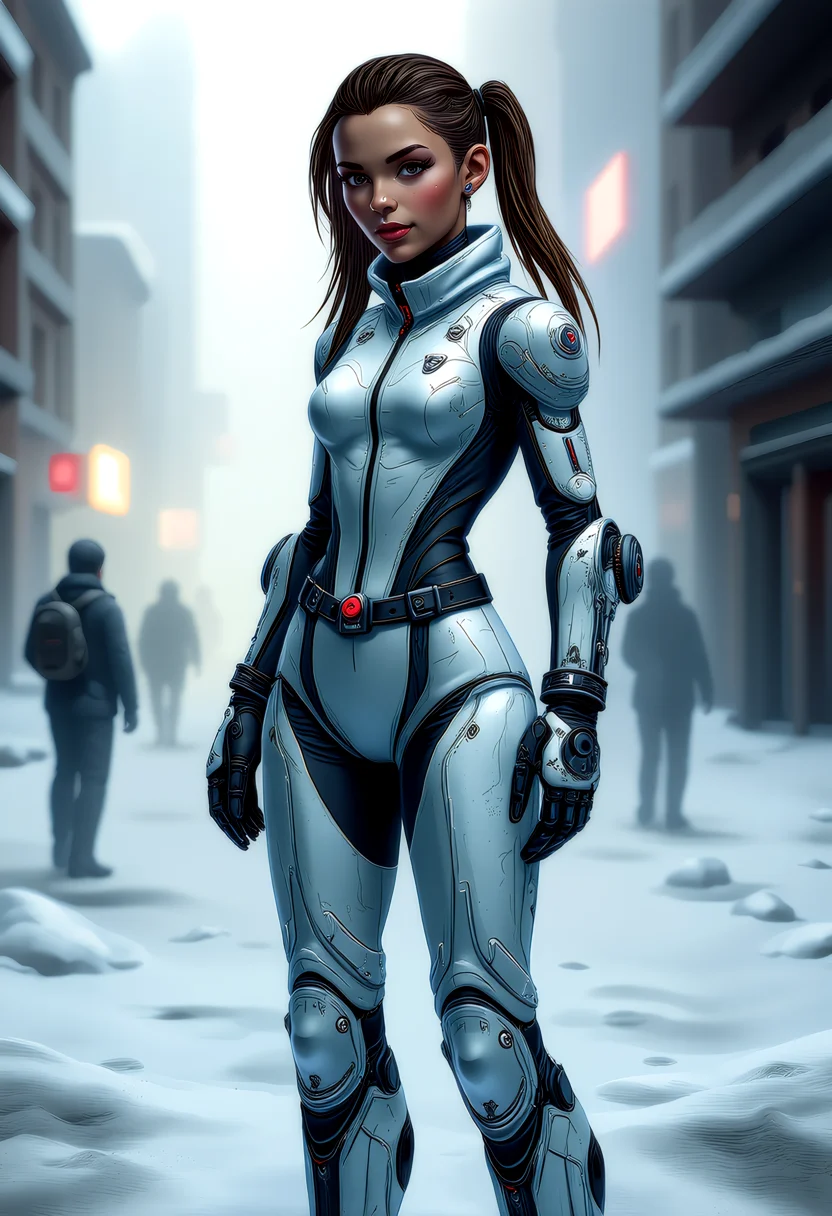 frostpunk style young sharp female (XX) brazilian, tan skin, hazel eyes, character, Fit build, extra long pigtails with shave sides hazel hair, , (covered in snow, frost, and/or icicles), wearing a frozen white cryogenic survival exosuit, cryo-proof boots, thermometer, set in a Frostpunk metropolis where steam billows from vents, creating a temporary respite from the biting cold. , , <lora:art and styles/Defluxion II.safetensors:1.0>,