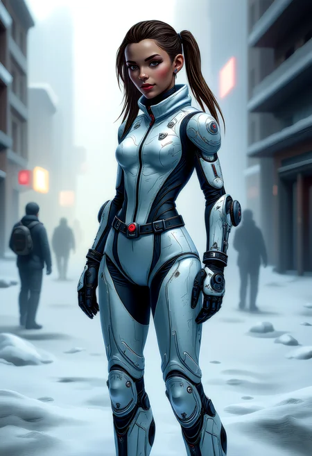 frostpunk style young sharp female (XX) brazilian, tan skin, hazel eyes, character, Fit build, extra long pigtails with shave sides hazel hair, , (covered in snow, frost, and/or icicles), wearing a frozen white cryogenic survival exosuit, cryo-proof boots, thermometer, set in a Frostpunk metropolis where steam billows from vents, creating a temporary respite from the biting cold. , , <lora:art and styles/Defluxion II.safetensors:1.0>,