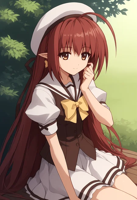 score_9, score_8_up, score_7_up,closed mouth, shiny skin, light smile,ohwx, 1girl, red_hair, long_hair, brown_eyes, solo, pointy_ears, school_uniform, ahoge, ribbon, bow, hat, very_long_hair, jewelry, solo_focus, puffy_sleeves, short_sleeves, serafuku, brown_hair, puffy_short_sleeves, yellow_bow, shirt, hair_ribbon, beret, sailor_collar, earrings, skirt, vest, dress, Sitting with one hand on the cheek, forest,<lora:lisianthus_pony_sobsynapse-000009:0.8>