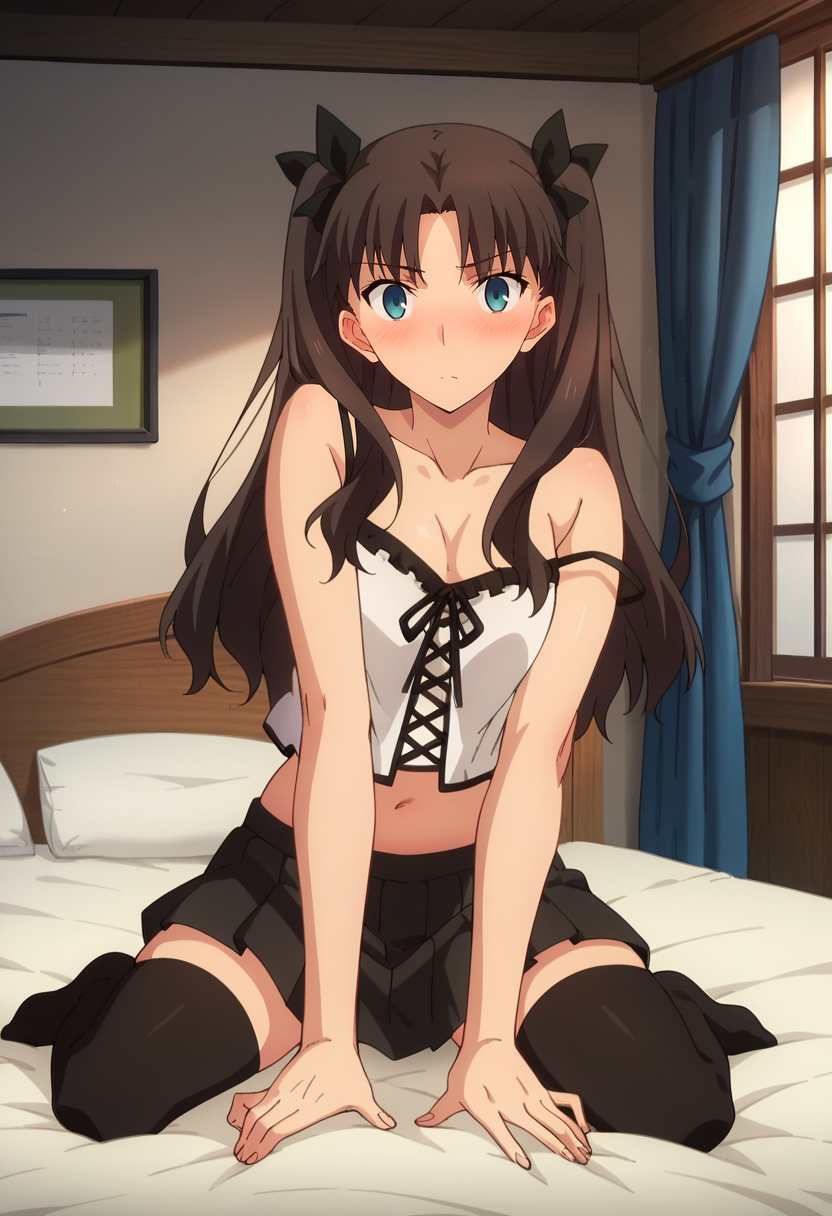 score_4, score_5, score_6, score_9, score_8_up, score_7_up, source_anime,
<lora:FateStayNightUBW_TohsakaRin:0.8>, TohsakaRin,
1girl, blush,
brown hair, two side up, parted bangs, blue eyes, hair ribbon,
RinCamisole, camisole, strap slip, cross-laced clothes, bare shoulders, black skirt, pleated skirt, black thighhighs, navel, 
looking at viewer, kneeling,
indoors, on bed