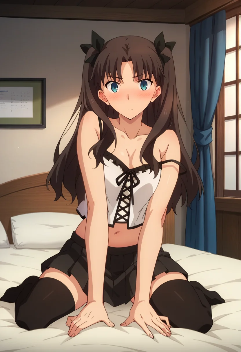 score_4, score_5, score_6, score_9, score_8_up, score_7_up, source_anime,
<lora:FateStayNightUBW_TohsakaRin:0.8>, TohsakaRin,
1girl, blush,
brown hair, two side up, parted bangs, blue eyes, hair ribbon,
RinCamisole, camisole, strap slip, cross-laced clothes, bare shoulders, black skirt, pleated skirt, black thighhighs, navel,
looking at viewer, kneeling,
indoors, on bed