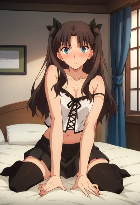 score_4, score_5, score_6, score_9, score_8_up, score_7_up, source_anime,
<lora:FateStayNightUBW_TohsakaRin:0.8>, TohsakaRin,
1girl, blush,
brown hair, two side up, parted bangs, blue eyes, hair ribbon,
RinCamisole, camisole, strap slip, cross-laced clothes, bare shoulders, black skirt, pleated skirt, black thighhighs, navel, 
looking at viewer, kneeling,
indoors, on bed