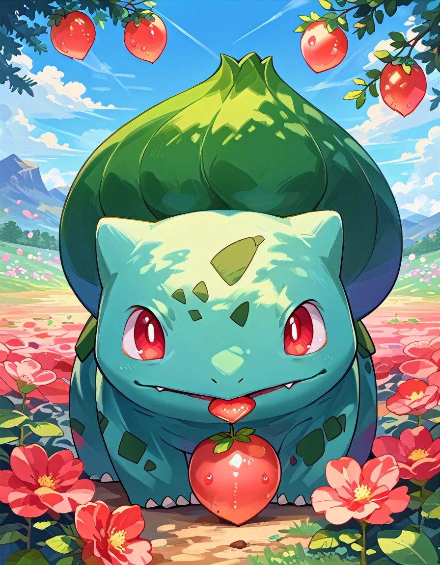 score_9, score_8_up, score_7_up, source_anime BREAK
Bu1b4s4ur, blue-green body, teal spots, claws, fangs, red eyes, white pupils, green plant bulb, pokemon \(creature\),
(looking at viewer:1.4), straight-on, mouth hold, berry, holding berry in mouth, facing viewer
sideview, from side
background: flower field, roses, garden, bloom, bokeh
(solo:1.6)
<lora:Bulbasaur:1>