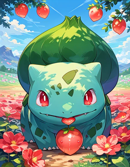 score_9, score_8_up, score_7_up, source_anime BREAK
Bu1b4s4ur, blue-green body, teal spots, claws, fangs, red eyes, white pupils, green plant bulb, pokemon \(creature\),
(looking at viewer:1.4), straight-on, mouth hold, berry, holding berry in mouth, facing viewer
sideview, from side
background: flower field, roses, garden, bloom, bokeh
(solo:1.6)
<lora:Bulbasaur:1>