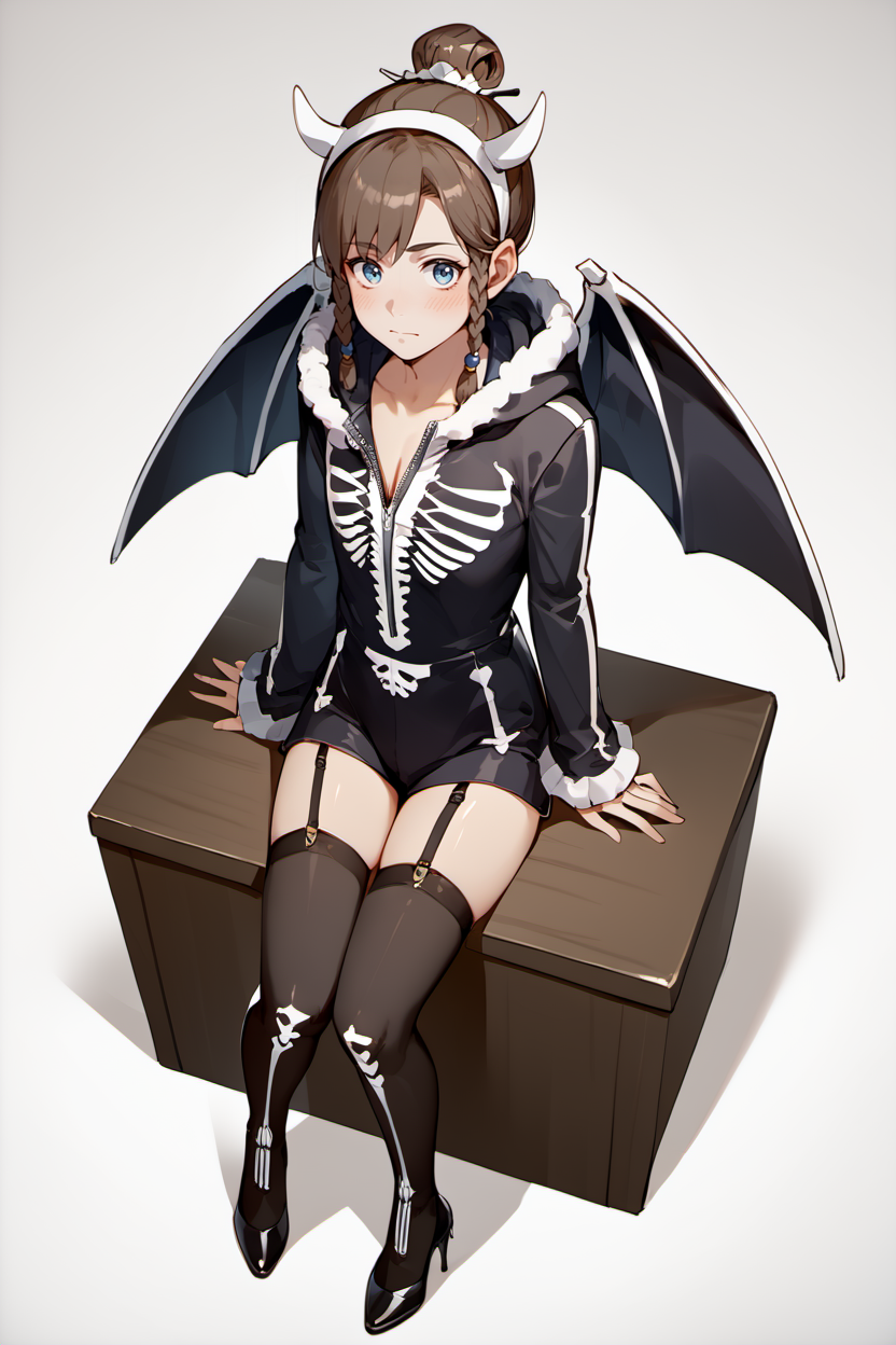 score_9, score_8_up, score_7_up, masterpiece, 1boy, solo, best quality,
hujia, single hair bun, twin braids, brown hair, blue eyes, swept bangs, 
sitting, blush, frowns, from above,
 <lora:HuJiaPonyV2:1>
 <lora:skelly_bodysuit:0.8> hud_skel_ling, leotard, hood, long sleeves, wings, garter straps, cleavage, thighhighs, zipper, fake horns, high heels, full body, skeleton bones