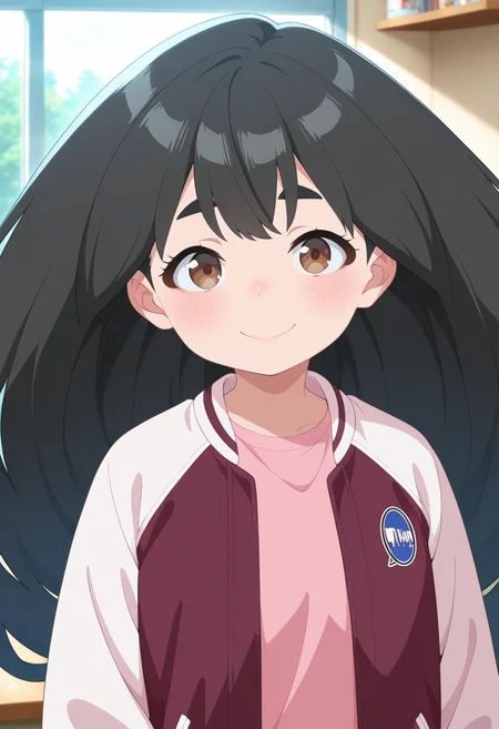 masterpiece, best quality, amazing quality, absurdres, 1girl, solo, (portrait:1.2), sakurakoww, brown eyes, black hair, long hair, big hair, thick eyebrows, letterman jacket, open jacket, pink shirt, looking at viewer, smile, indoors, day, skindentation, detailed clothing folds, depth of field, sharp, high contrast, dynamic light <lora:Umeyashiki_Sakurako_Me_and_the_Alien_MuMu_ill:0.8>