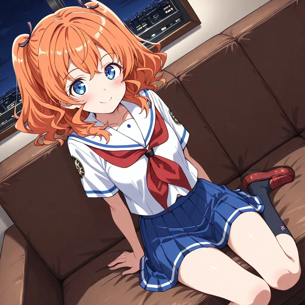 masterpiece, best quality, score_9, score_8_up, score_7_up, full body, 1 girl, looking at viewer, cowboy shot, dutch angle, indoors, sitting on couch, living room, night, blush, smile, Maron_Yanagiwara, orange hair, twintails, hair ornaments, blue eyes, serafuku, red neckerchief, blue skirt, black socks, red loafers