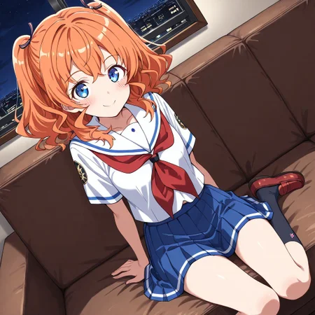 masterpiece, best quality, score_9, score_8_up, score_7_up, full body, 1 girl, looking at viewer, cowboy shot, dutch angle, indoors, sitting on couch, living room, night, blush, smile, Maron_Yanagiwara, orange hair, twintails, hair ornaments, blue eyes, serafuku, red neckerchief, blue skirt, black socks, red loafers
