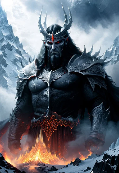 Morgoth descended upon Arda in power and majesty greater than any other of the Valar, as a mountain that wades in the sea and has its head above the clouds and is clad in ice and crowned with smoke and fire; and the light of the eyes of Melkor was like a flame that withers with heat and pierces with a deadly cold.