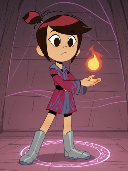 <lora:Molly_McGeeIL:0.9> 1girl, m_m, almond-shaped dark brown eyes, straight dark brown hair, small high ponytail,pink hair tie,
magic, magic robe, steel armor,glowing liens, fireball, action, full body, glowing background, magic background