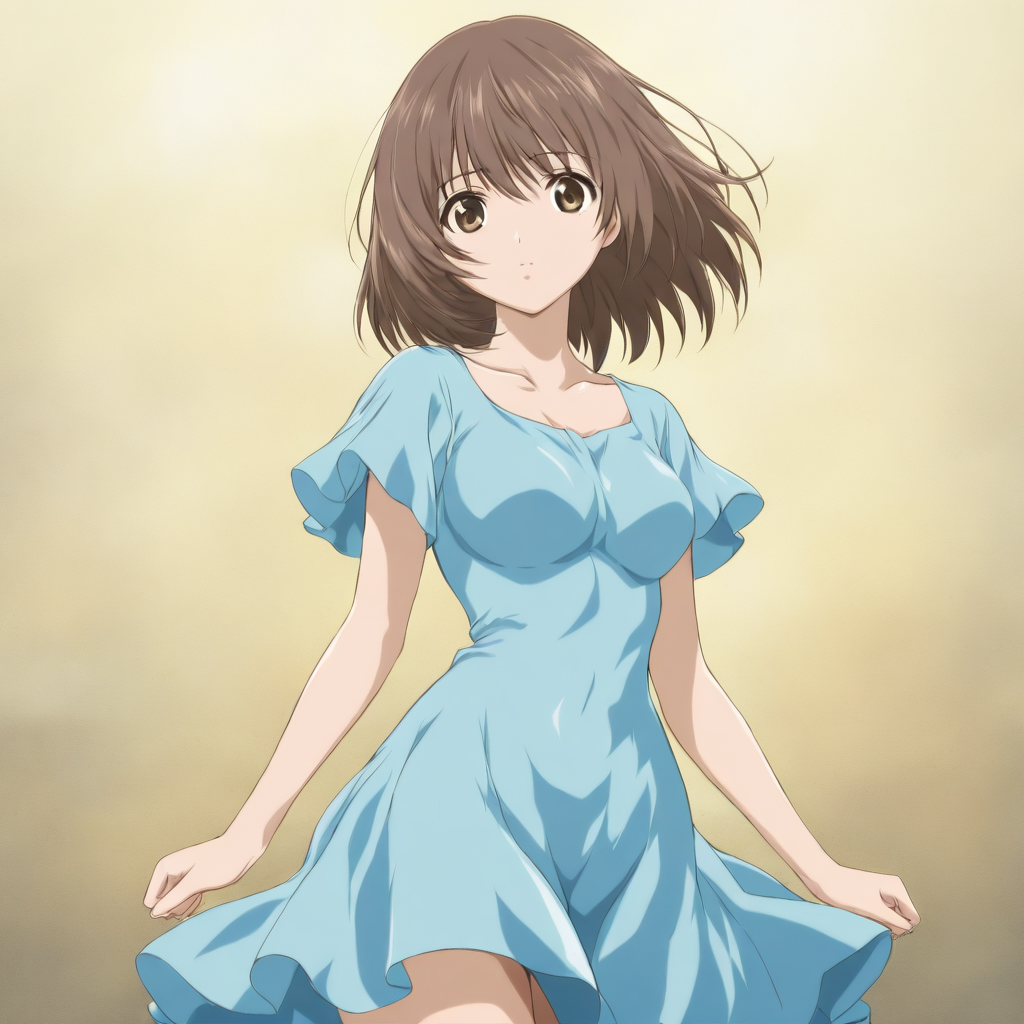 masterpiece,1girl,solo,looking at viewer,cowboy_shot,blue dress,<lora:Moe_Ukida ag4o v1:1> moe_ukida, brown hair, short hair, brown eyes,
