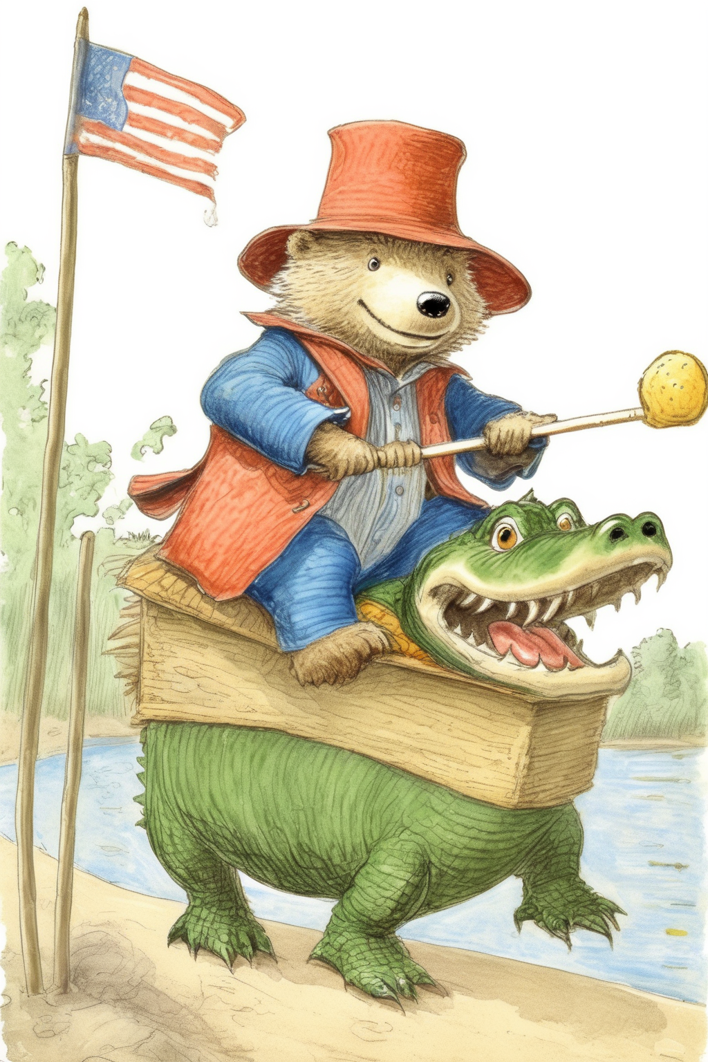 <lora:Randolph Caldecott Style:1>Randolph Caldecott Style - color pencal drawing of paddington bear riding an gator leading it with a sandwitch on a stick, in the illustration style of R. W. Alley