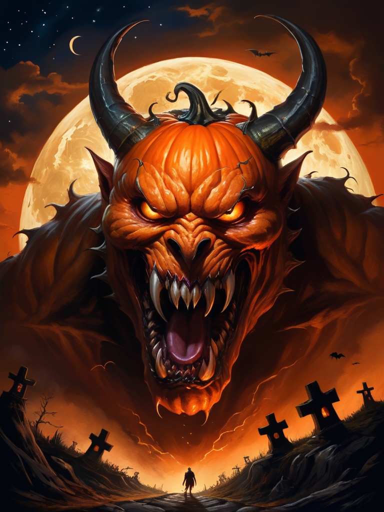 ((best quality)), ((masterpiece)), ((detailed)), (exquisite), impressive, ((astounding)),
suddenly an evil bloodthirsty cacodemon in the form of a Halloween pumpkin, painted in orange Halloween colors, flies down on me from above, an evil eye drills its target, horns and growths stick out in different directions in a frightening way, a huge fiery mouth is wide open, many predatory sharp teeth are eager to grab and tear apart the unfortunate innocent victim, huge fangs are flashing, saliva drips from the predatory mouth,
dark starry night, full moon, creepy Halloween night,
The sparkling glowing evil eye adds a touch of horror to this scene.
This creature is a masterpiece of artists Boris Vallejo and Julie Bell, with dark and evil features captured in a realistic style.
A dark starry night with a full bright moon in the background contrasts with the orange Halloween colors of the creature's body,
and the interplay of light and shadow adds depth to the cacodemon, creating an image of the eternal terror and fear that Halloween night brings, (full-length photo: 1.7),
Wide Angle Lens, Wide Angle, Sharp Focus, Hyper-Detailed, Very Complex), Striking Detail, Cinematic Shot Detail,
Cinematic Photography, Film Mood, Cinematic Lighting, Compelling Composition, Narrative Elements, Conveys emotion, mood, and narrative depth, creating visually striking images that feel like still frames from a movie,
<lora:add-detail-xl:0.7>, <lora:WildcardX-XL-Detail-Enhancer:0.4>,
masterpiece, realistic photo, professional digital SLR camera, soft lighting, diffused soft morning light, front view from below, Cinematic portrait photography, capture subject in a way that resembles a still frame from a movie, cinematic lighting, story, narrative quality, drawing viewers into the scene and evoking a sense of cinematic immersion, capturing emotion, professional, engaging, compelling composition,