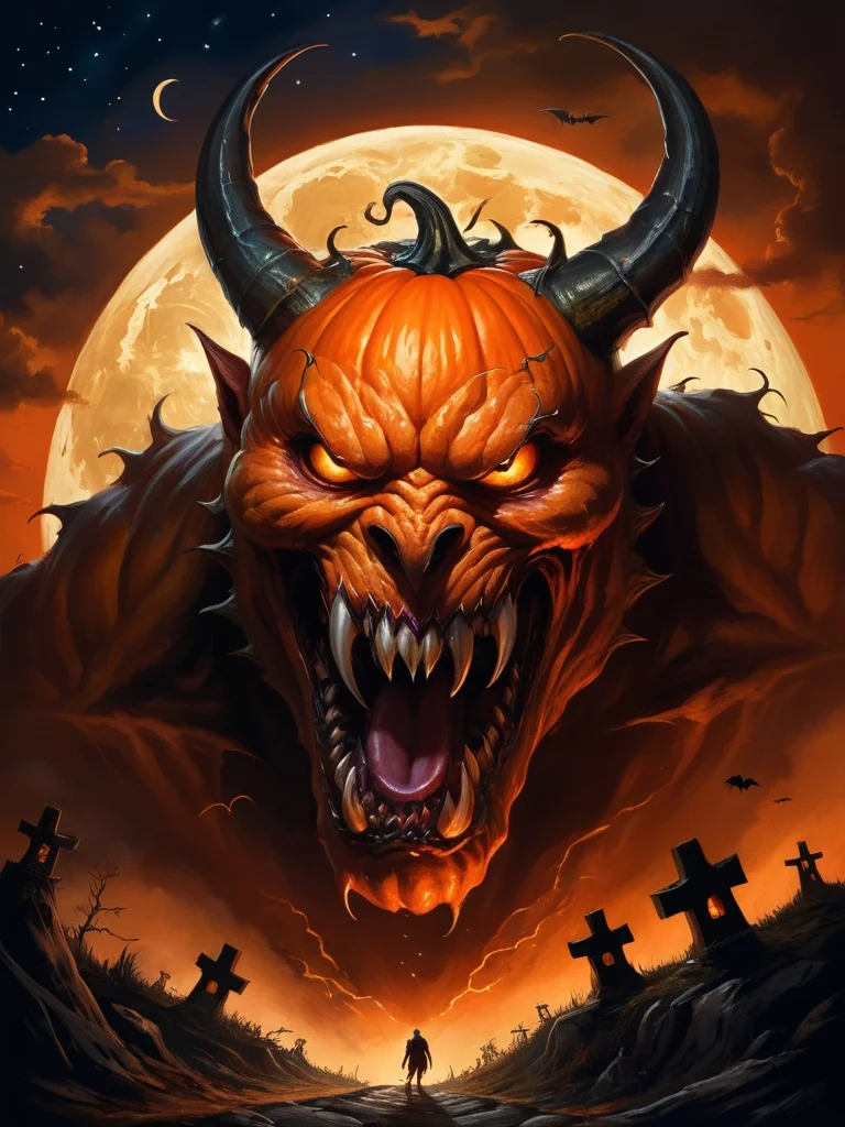 ((best quality)), ((masterpiece)), ((detailed)), (exquisite), impressive, ((astounding)),
suddenly an evil bloodthirsty cacodemon in the form of a Halloween pumpkin, painted in orange Halloween colors, flies down on me from above, an evil eye drills its target, horns and growths stick out in different directions in a frightening way, a huge fiery mouth is wide open, many predatory sharp teeth are eager to grab and tear apart the unfortunate innocent victim, huge fangs are flashing, saliva drips from the predatory mouth,
dark starry night, full moon, creepy Halloween night,
The sparkling glowing evil eye adds a touch of horror to this scene.
This creature is a masterpiece of artists Boris Vallejo and Julie Bell, with dark and evil features captured in a realistic style.
A dark starry night with a full bright moon in the background contrasts with the orange Halloween colors of the creature's body,
and the interplay of light and shadow adds depth to the cacodemon, creating an image of the eternal terror and fear that Halloween night brings, (full-length photo: 1.7),
Wide Angle Lens, Wide Angle, Sharp Focus, Hyper-Detailed, Very Complex), Striking Detail, Cinematic Shot Detail,
Cinematic Photography, Film Mood, Cinematic Lighting, Compelling Composition, Narrative Elements, Conveys emotion, mood, and narrative depth, creating visually striking images that feel like still frames from a movie,
<lora:add-detail-xl:0.7>, <lora:WildcardX-XL-Detail-Enhancer:0.4>,
masterpiece, realistic photo, professional digital SLR camera, soft lighting, diffused soft morning light, front view from below, Cinematic portrait photography, capture subject in a way that resembles a still frame from a movie, cinematic lighting, story, narrative quality, drawing viewers into the scene and evoking a sense of cinematic immersion, capturing emotion, professional, engaging, compelling composition,