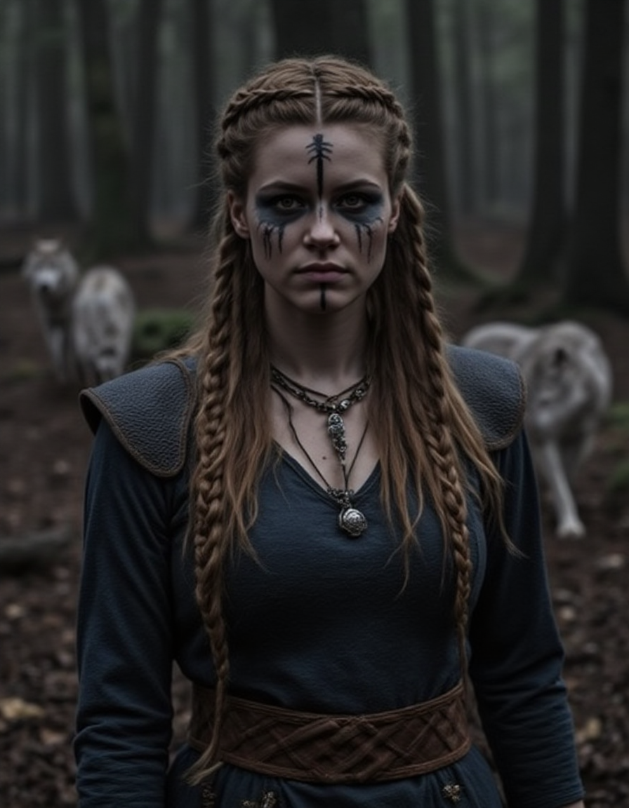 a woman  viking female with braided hair, and war paint in her face, stand in a dusk wood, with some wolfs arounf her <lora:Female_Vikings_Hairstyle:1> v1k1ng2, braids, viking, face