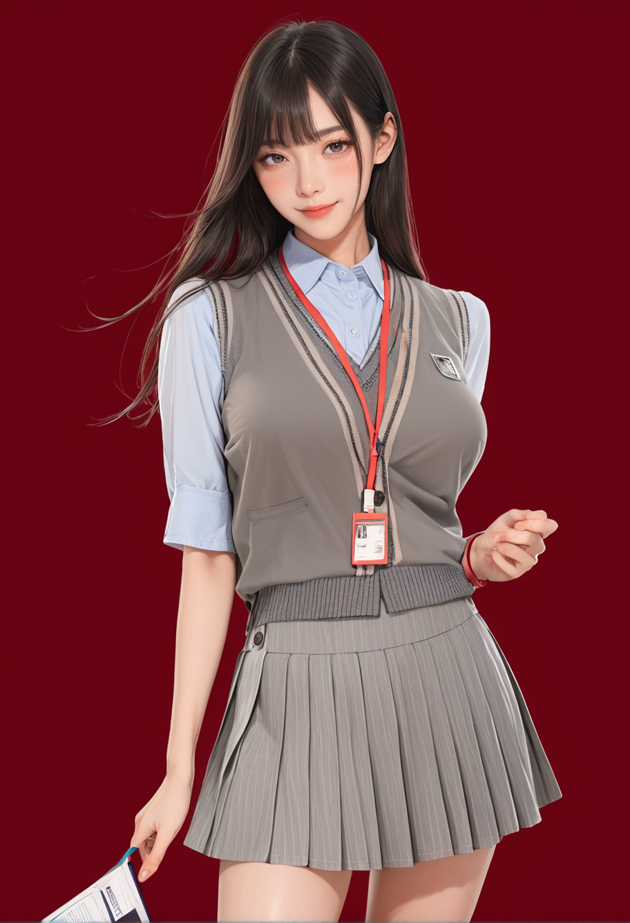 1girl,red background,,ruanyi1019,collared shirt,grey skirt,pleated skirt,sweater vest,grey vest,lanyard,cowboy shot,thigh gap,<lora:1019 Home wear 35_v1_pony:1>, score_9, score_8_up, score_7_up, score_6_up, score_9, score_8_up, score_7_up, score_6_up source_anime, blush, 1girl, seduce smile, perfect body , natural huge breasts